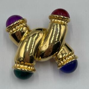 IVANA Signed Vintage Gold W/‎ Multicolored Cabochons Gripoix Style Brooch